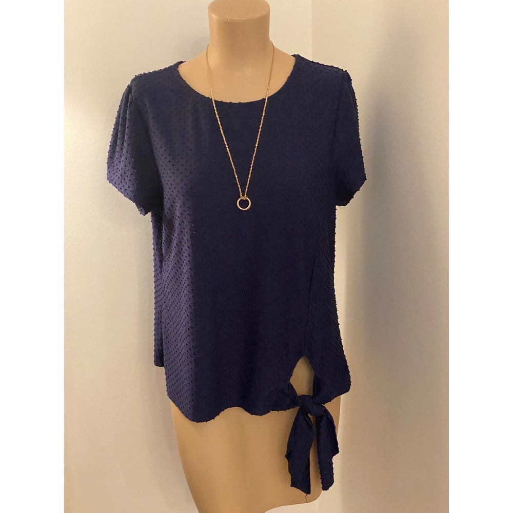 W5 Navy Blue Swiss Dot Short Sleeve Side Tie Blouse Top Large‎ 24547SWD